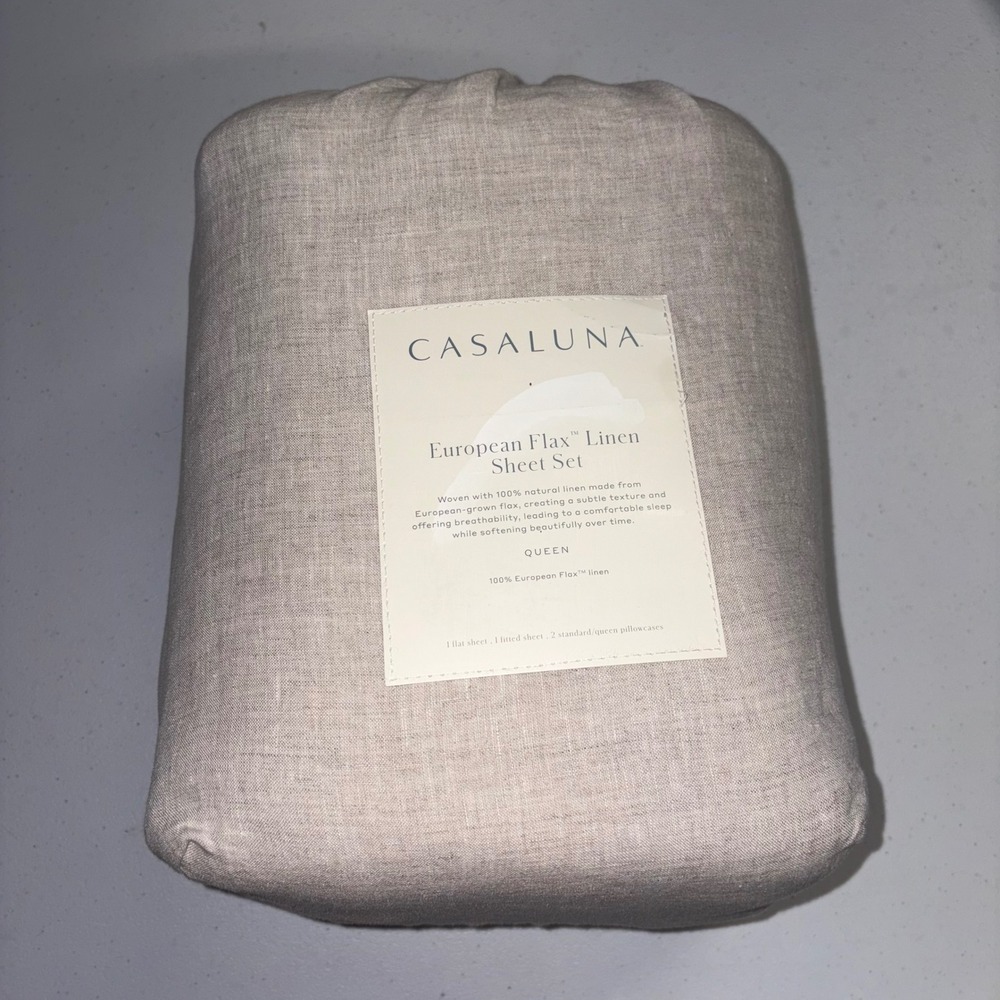 Casaluna European Flax Linen Sheet Set Queen Natural Beige 4 Piece 100% Linen